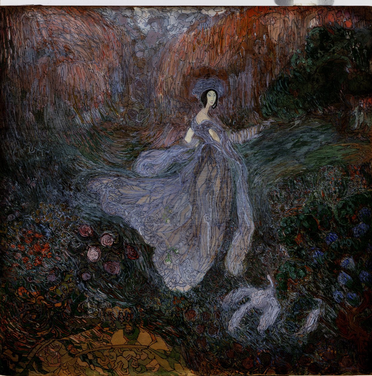 Morgen (morgen). En kvinde klædt i slør går hen mod en fugl på jorden i en blomsterhave. Værk af Vasili Dmitrievich Millioti (1875-1943), akvarel, gouache og blæk på papir af Vasili Dmitrievich Millioti