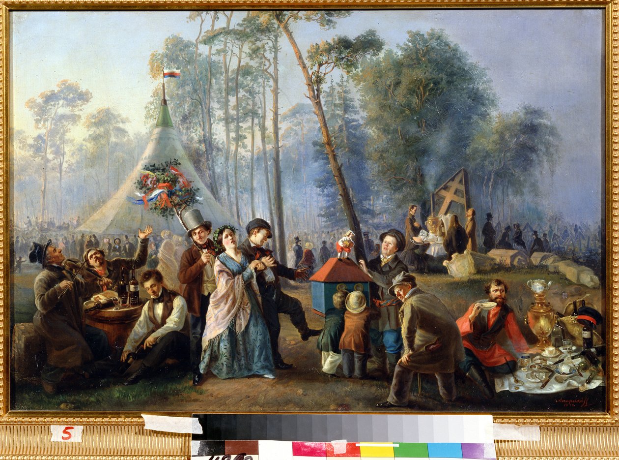 Distraktion publique a Maryina Roshcha a Moscou (Offentlig munterhed hos Maryina Roshcha i Moskva). Peinture af Vasili Yegorovich Astrakhov (?-apr. 1867). Huile sur toile, 49 x 73 cm af Vasili Egorovich Astrakhov