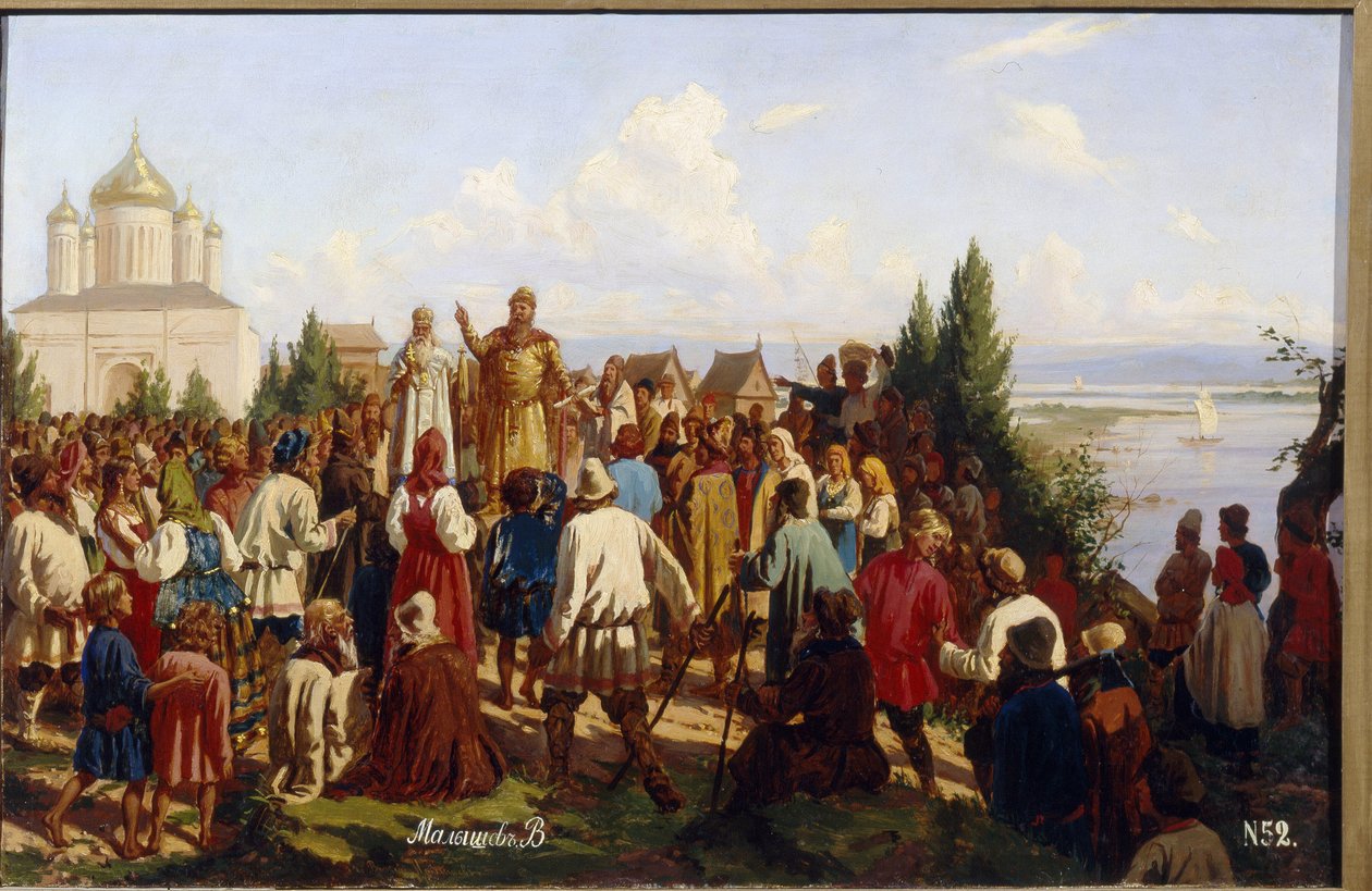 Storprinsen af ​​Novgorod og Kiev, Yaroslav I Vladimirovich, kendt som den kloge (978-1054), promulgerer den første lovkode Russkaya Pravda i 1019. (Storprins Yaroslav I Den vise bekendtgør den første lovkodeks Russkaya Pravda i 1019) . maleri d af Vasili Georgievich Malyschev