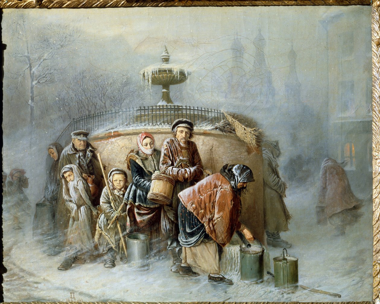 Køen ved springvandet. Midt om vinteren venter byens indbyggere på deres tur, i den kolde vind og tågen, til at fylde deres spand med drikkevand. Maleri af Vasili (Vasili) Grigoryevich Perov (1834-1882), olie af Vasili Grigorevich Perov