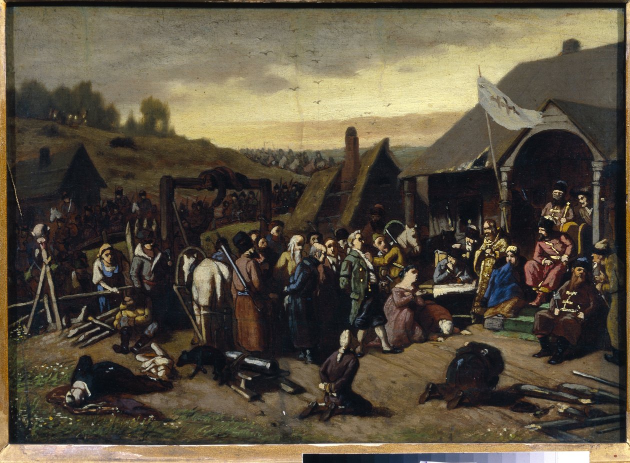 Emelian Ivanovich Pugachevs dom (Iemelian eller Emilien Pougatchov) (1742-1775) (Pugachevs dom). Efter undertrykkelsen af ​​den russiske bondekrig (1773-1775) (Jackson af Yaik-kosakkerne). Maleri af Vasili (Vasili) Grigoryevi af Vasili Grigorevich Perov