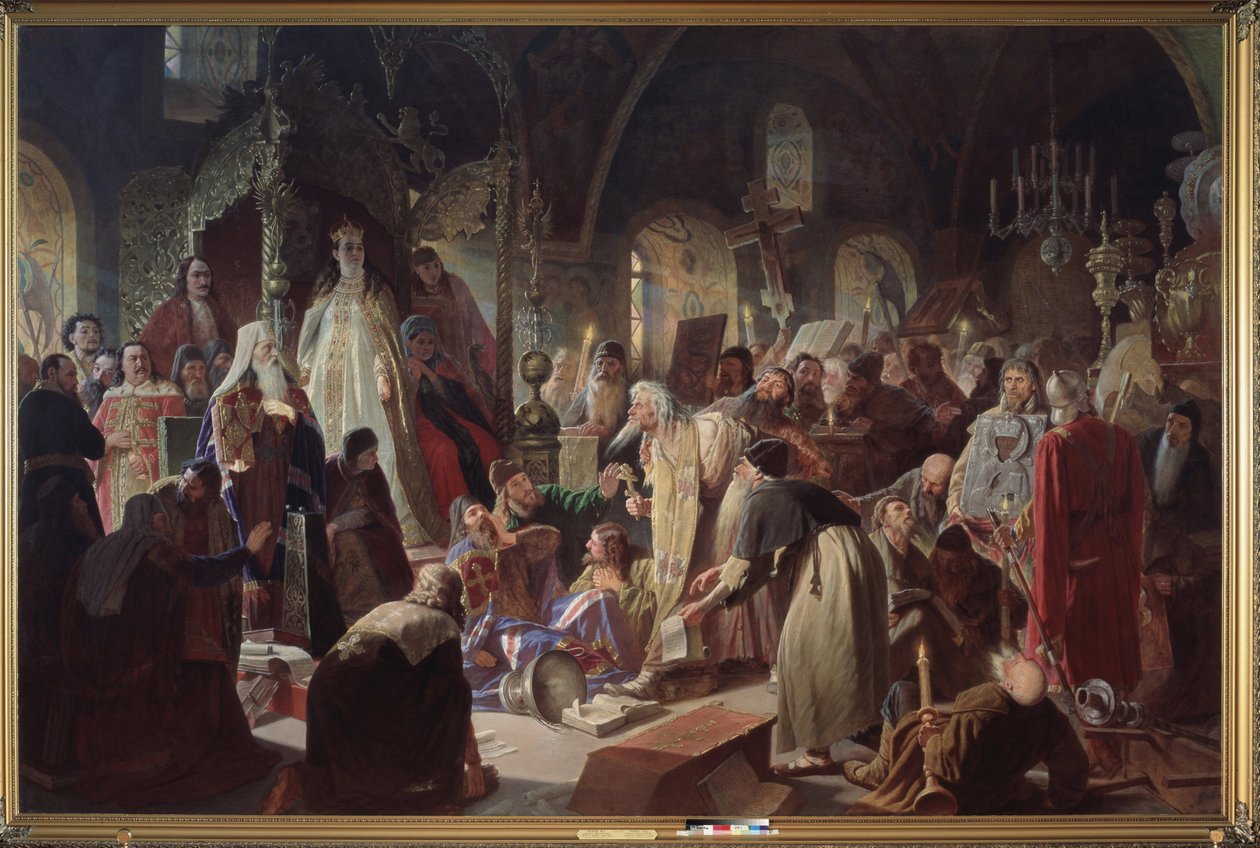 Den gamle troende (gammeltroende) Pave Nikita Poustosviat (eller Nikita Dimitriovich Dobrynine, død i 1683) diskuterede med patriarken af ​​Moskva, Joachim (1620-1690), om spørgsmålet om troen i nærværelse af regenten Sophia Alexeievna Romanova ( 1657-1704 af Vasili Grigorevich Perov