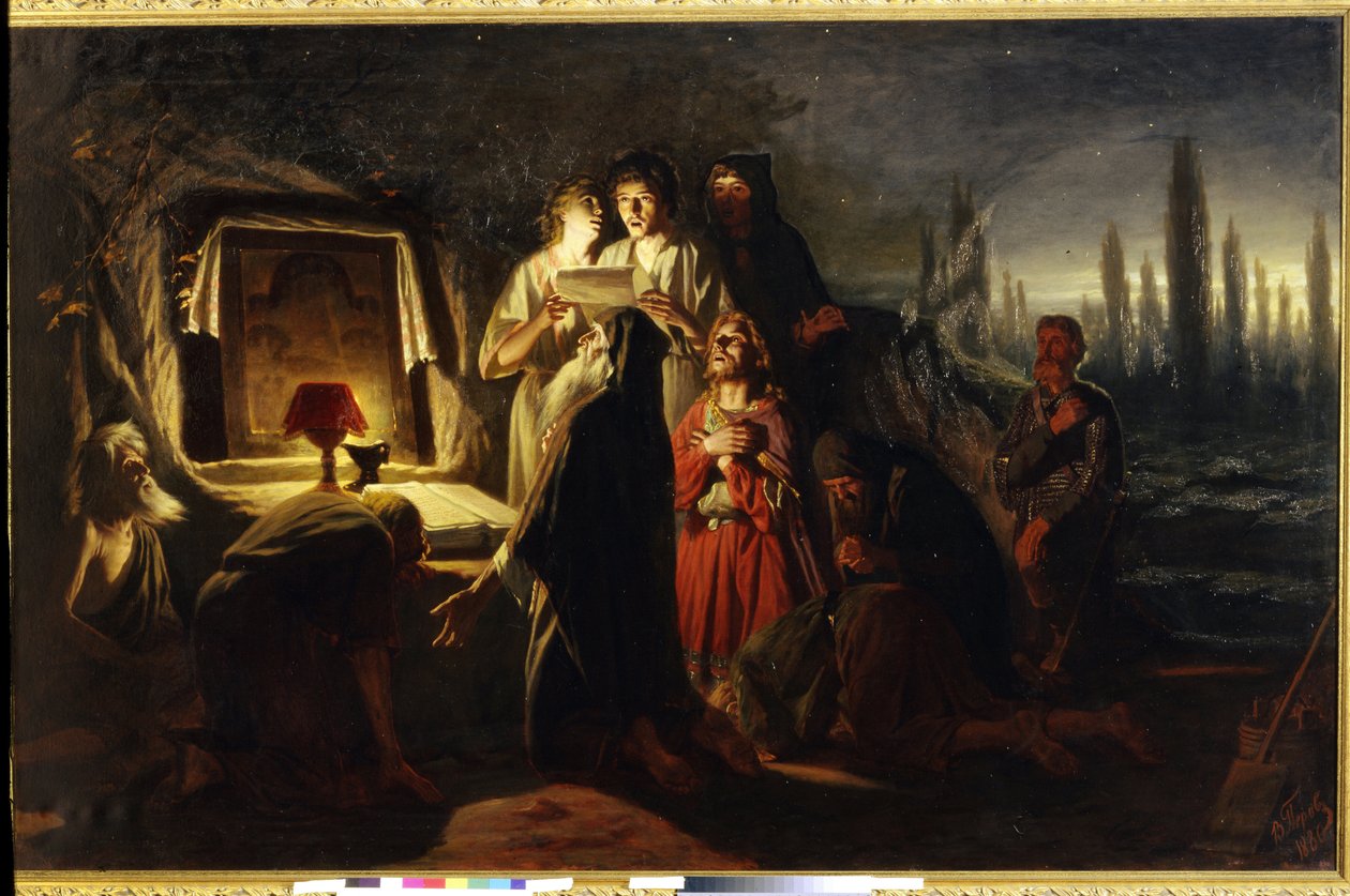 De første kristne i Kiev (Ukraine). (Kyivs første kristne). Religiøs fejring af et lille samfund af ortodokse kristne, i bøn foran et ikon om natten. Maleri af Vasili (Vasili) Grigoryevich Perov (1834-1882), hui af Vasili Grigorevich Perov