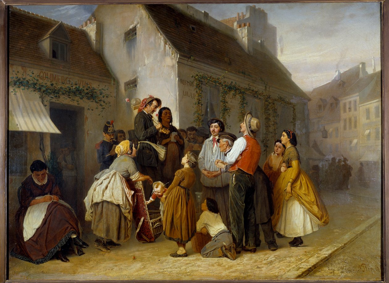 Gadebillede i Paris. Forbipasserende standsede foran et par gademusikanter: Manden spiller på ehru (instrument med to strenge gnedet af en bue), og hans kone synger. Maleri af Vasili (Vasili) Perov (1833-1882) af Vasili Grigorevich Perov