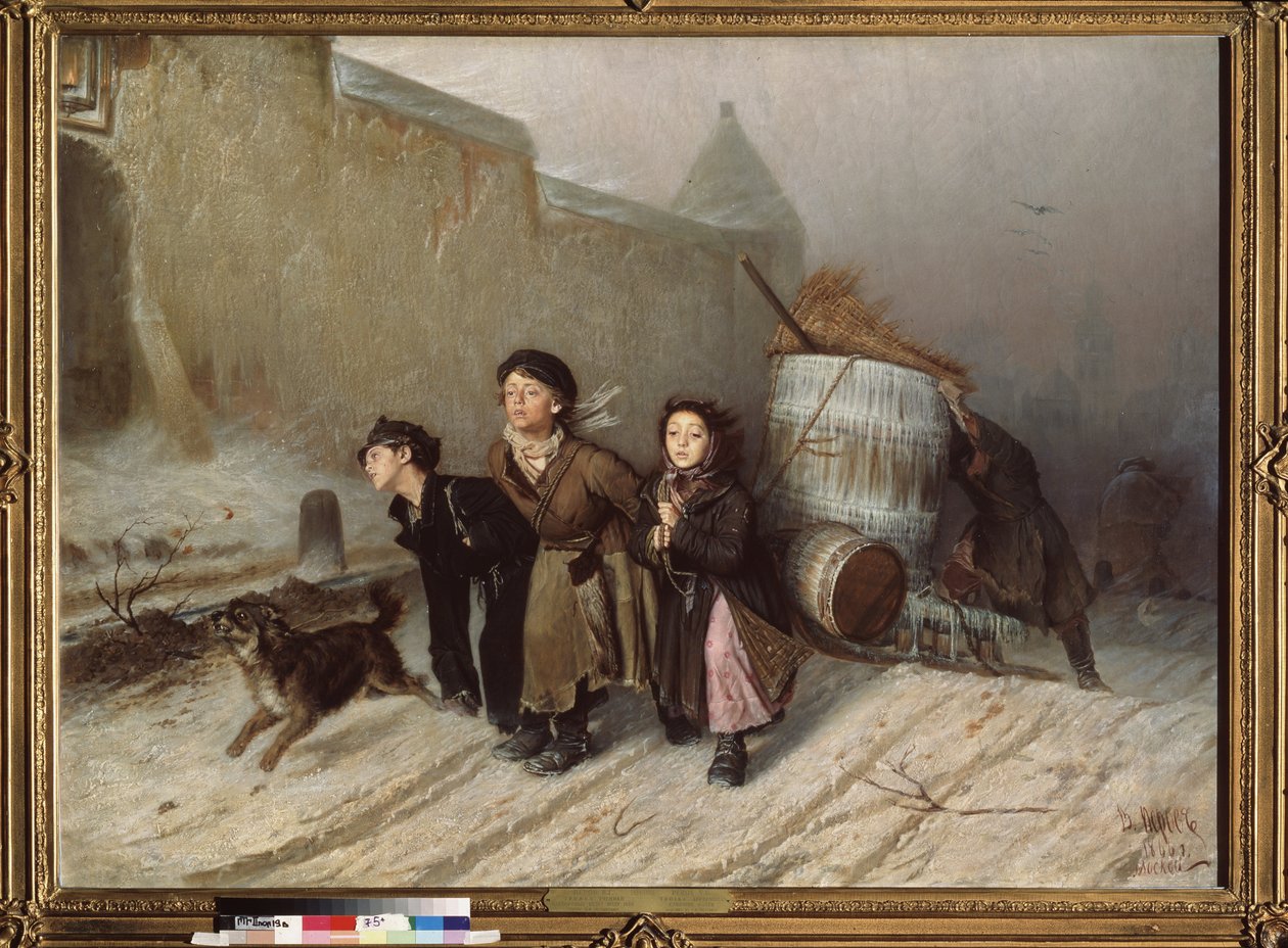 Trojka (Slæde). Lærlinge henter vand. (Gade om vinteren). Maleri af Vasili (Vasili) Grigoryevich Perov (1834-1882), olie på lærred af Vasili Grigorevich Perov