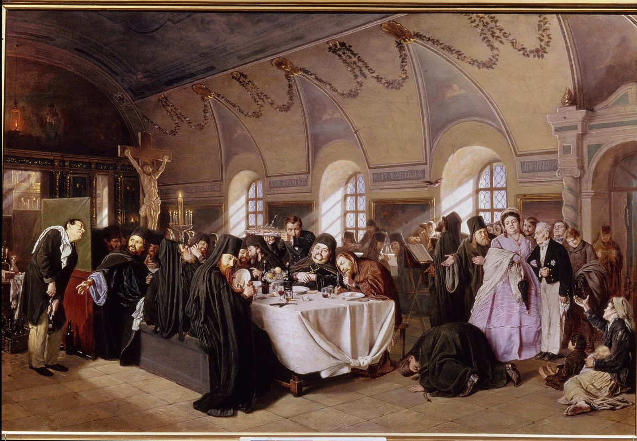 En frokost på klosteret (A Meal in The Monastery). I det rige refektorium i et ortodoks kloster, sidder munkene og spiser frokost i overdådighed (fisk, frugt, vin), mens de læser Bibelen. Foragtende besøgende inviteres til j af Vasili Grigorevich Perov
