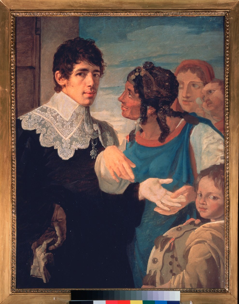 La chiromancy, Autoportrait (The chiromancy. Self portrait) - Maleri af Vasili Kuzmich Shebuev (1777-1855), olie på lærred af Vasili Kuzmich Shebuev