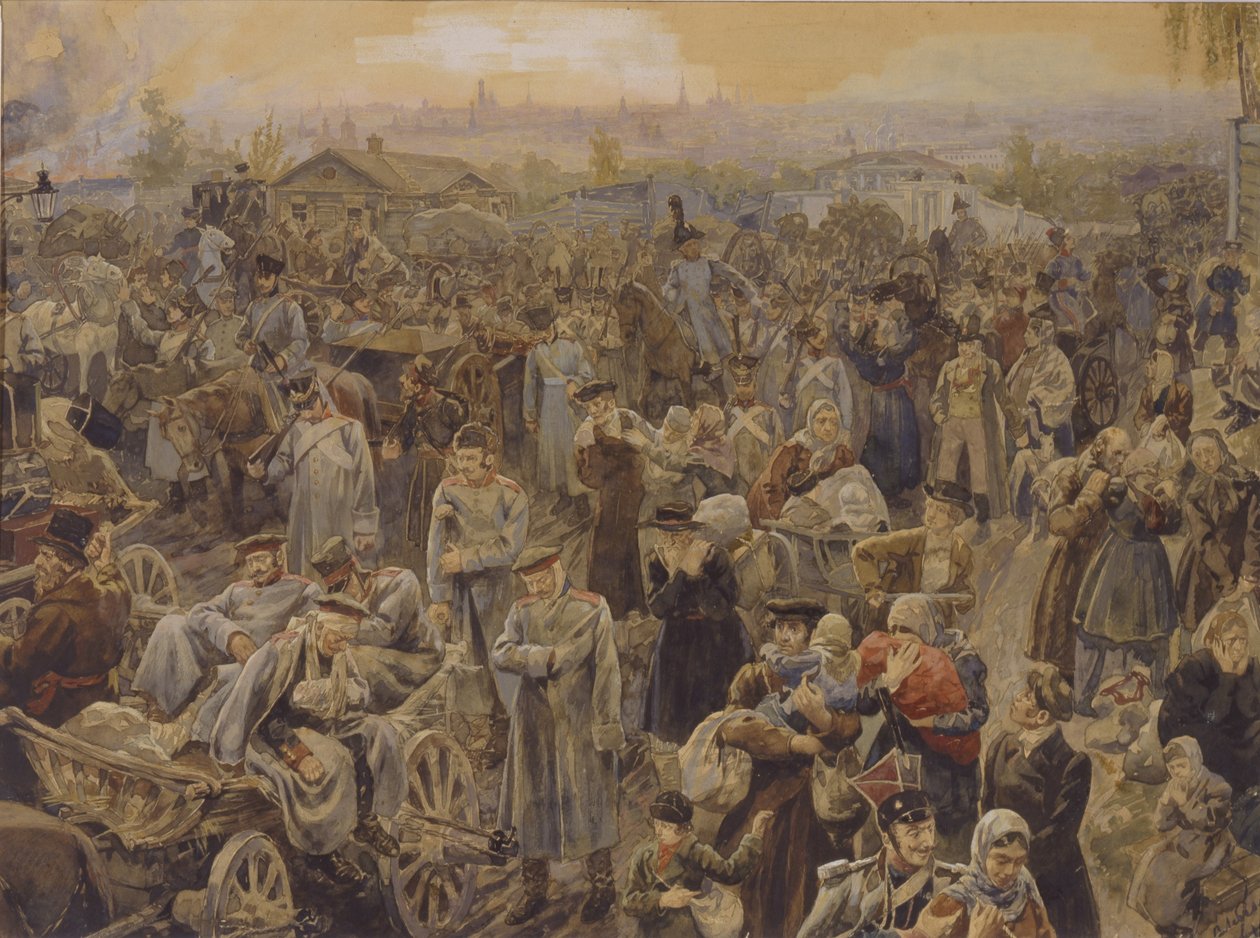Tilbagetrækningen af russiske tropper fra Moskva i 1812, 1907 af Vasili Petrovich Lebedev