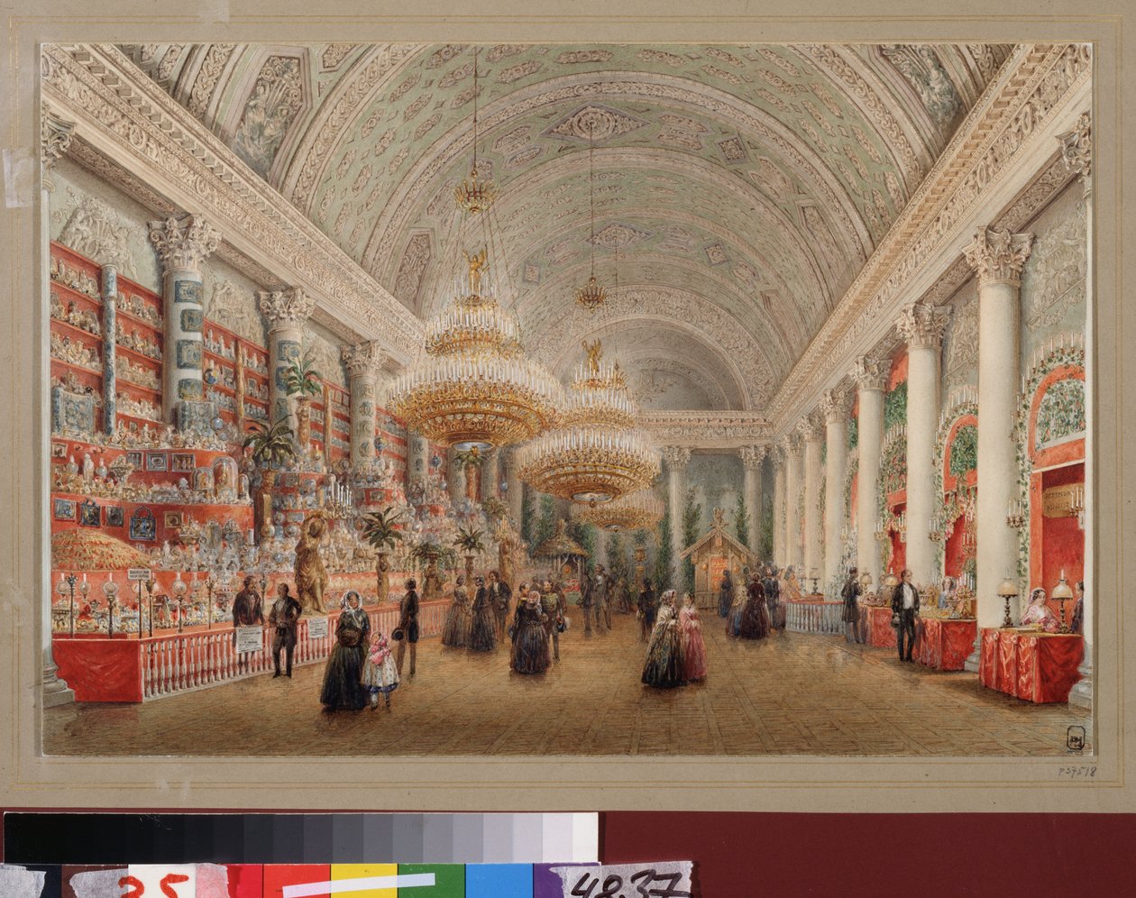 Velgørenhedsbasar i festsalen i Yusupov-paladset i Sankt Petersborg. Værk af Vasily Semyonovich Sadovnikov (1800-1879), akvarel på papir. russisk kunst af Vasili Semenovich Sadovnikov