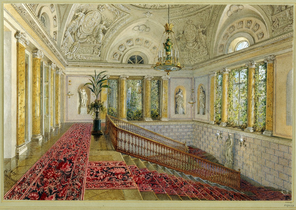 Trappe i et palads. Værk af Vasily Semyonovich Sadovnikov (1800-1879), akvarel på papir af Vasili Semenovich Sadovnikov