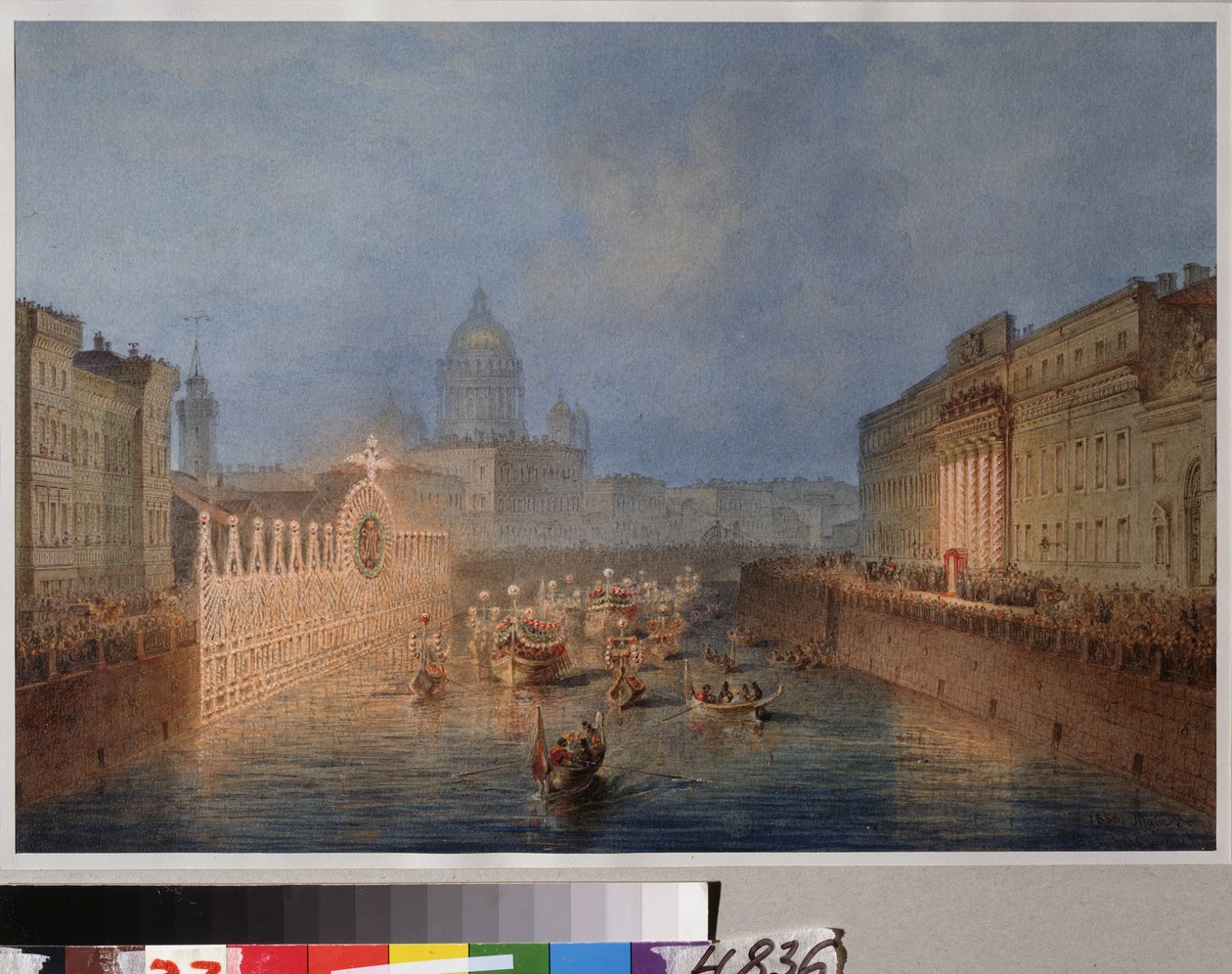 Belysning af Moika-floden i Sankt Petersborg. Værk af Vassily Semyonovich Sadovnikov (1800-1879), akvarel på papir af Vasili Semenovich Sadovnikov