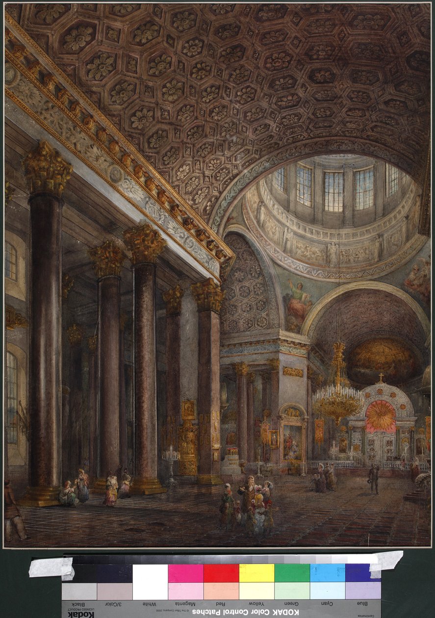 Indvendigt billede af Kazan-katedralen i St. Petersborg af Sadovnikov, Vasily Semyonovich (1800-1879). Akvarel på papir af Vasili Semenovich Sadovnikov