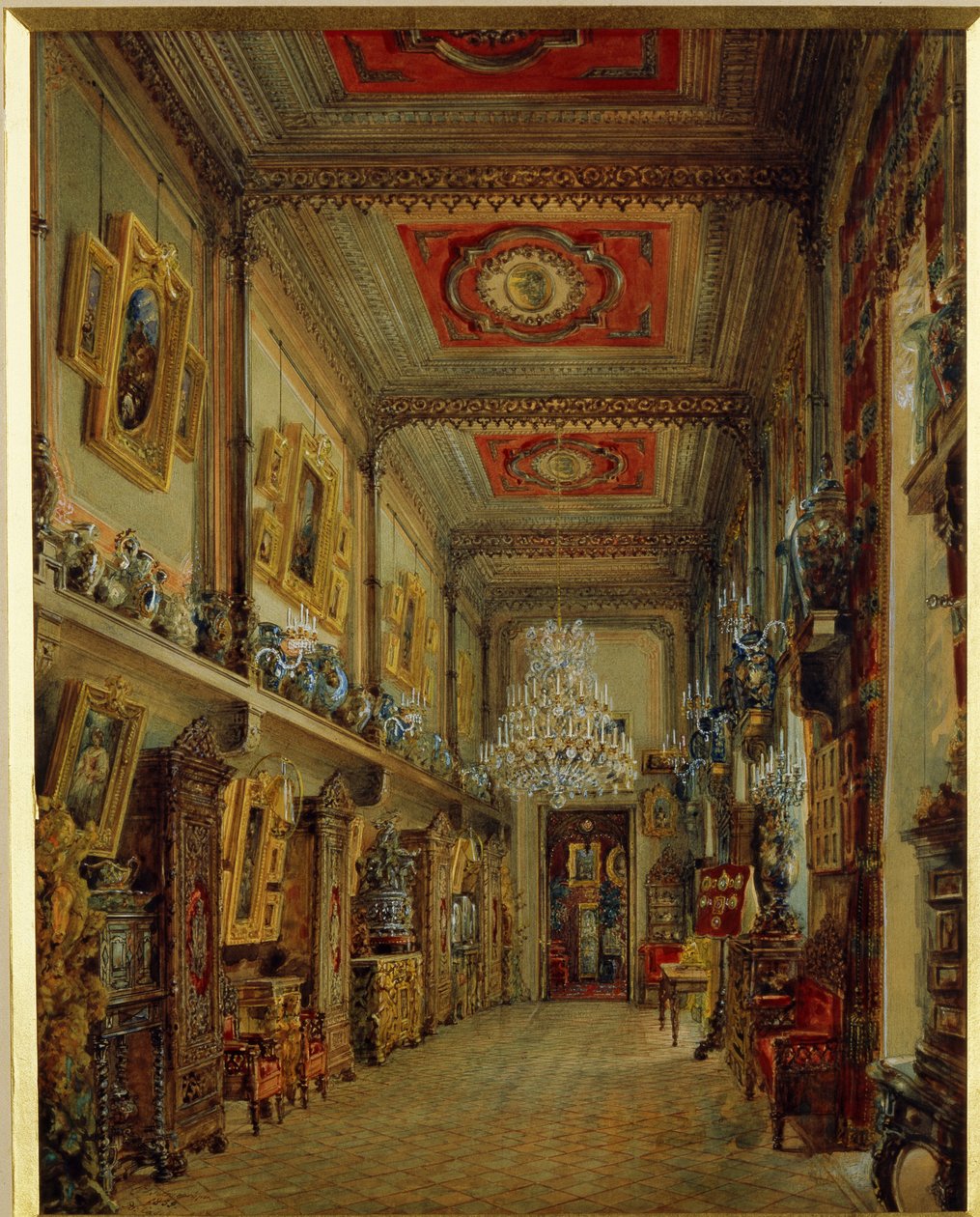 Biblioteket i Yusupov Palace (Moika Palace) i Sankt Petersborg. (Biblioteket i Yusupov-paladset i Skt. Petersborg). Værk af Vasily Semyonovich Sadovnikov (1800-1879), akvarel på papir af Vasili Semenovich Sadovnikov