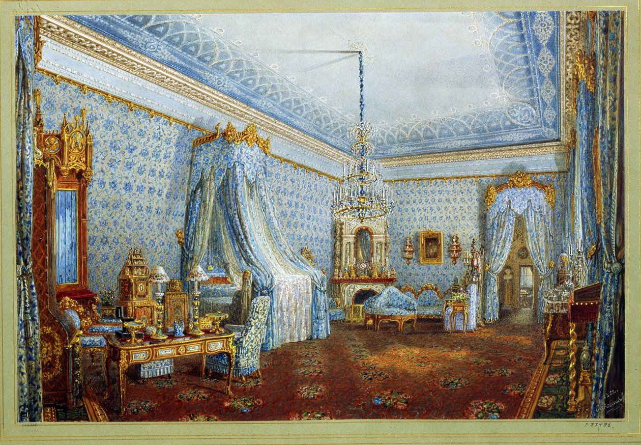 Værelset i Yusupov Palace (Moika Palace) i Sankt Petersborg (The Room in the Yusupov Palace in St.Petersbourg). Værk af Vasily Semyonovich Sadovnikov (1800-1879), akvarel på papir. russisk kunst af Vasili Semenovich Sadovnikov
