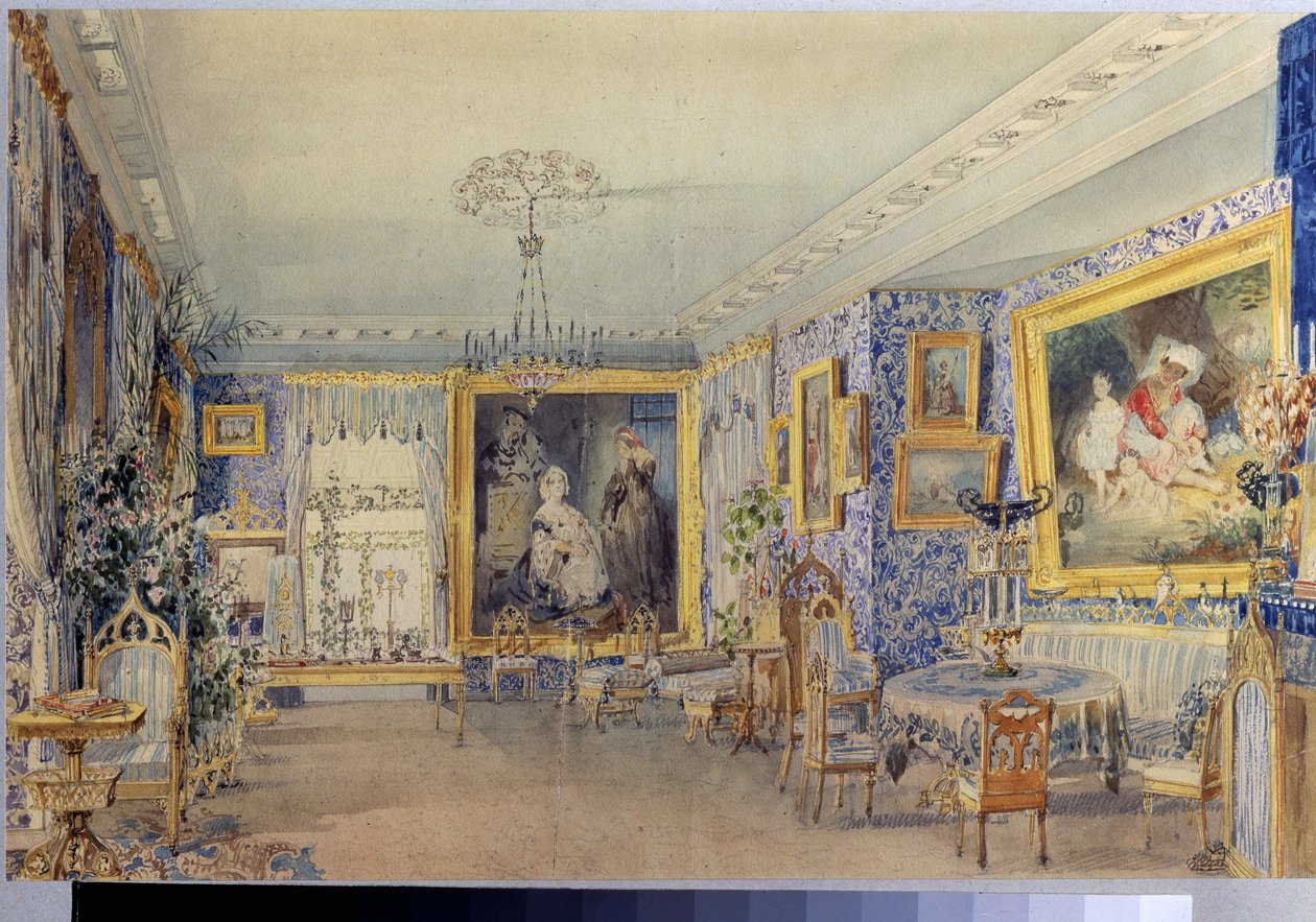 Stuen i Herregården Verki. Værk af Vasily Semyonovich Sadovnikov (1800-1879), akvarel på papir af Vasili Semenovich Sadovnikov