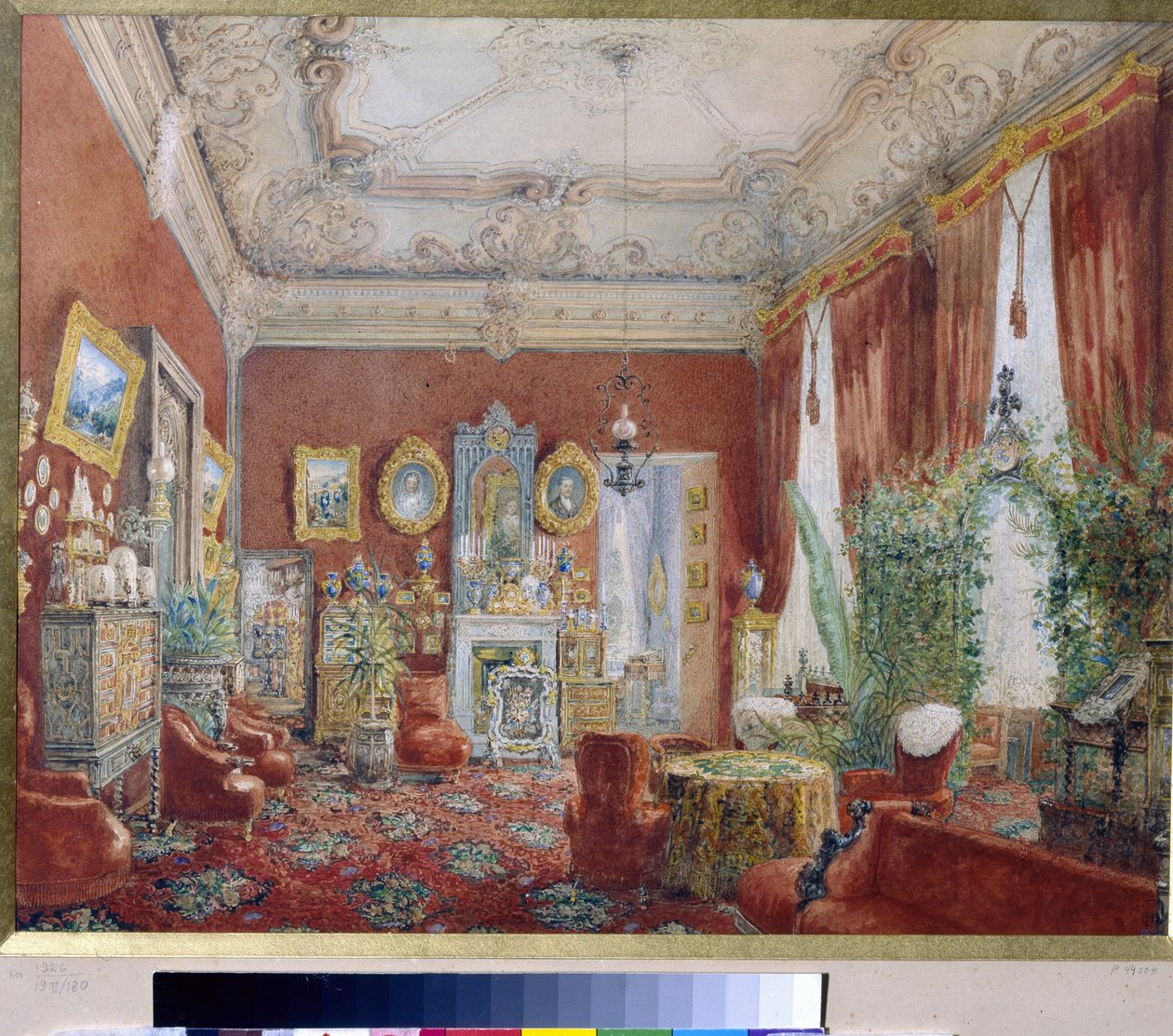 Familiestuen i Yusupov-paladset (Moika-paladset) i Sankt Petersborg. (Familiestuen i Yusupov-paladset i Skt. Petersborg). Værk af Vasily Semyonovich Sadovnikov (1800-1879), akvarel på papir. russisk kunst af Vasili Semenovich Sadovnikov