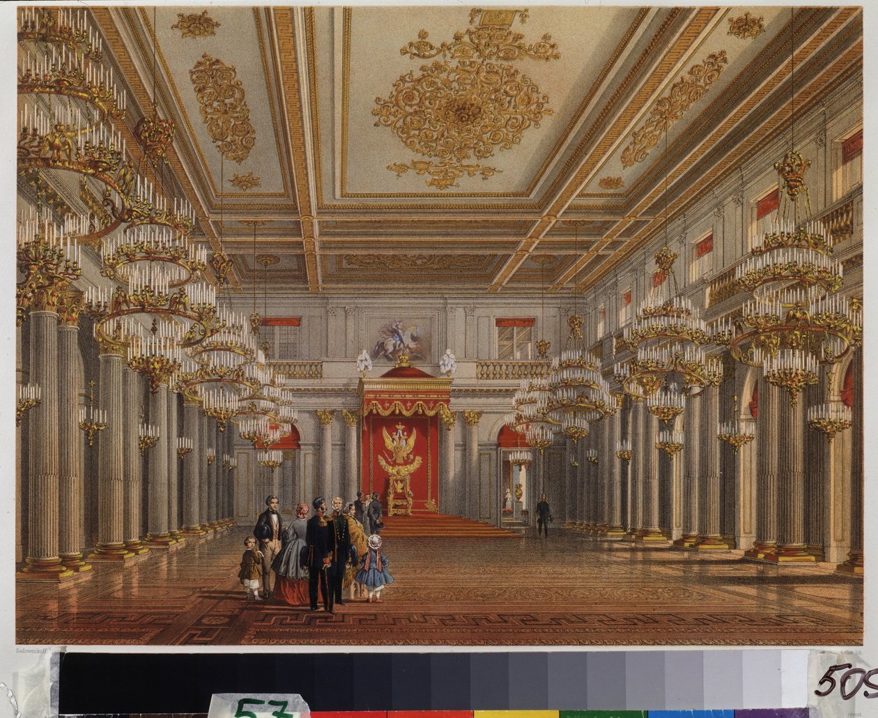 Throne Room (Hall of Saint George) i Vinterpaladset i Sankt Petersborg. Værk af Vasily Semyonovich Sadovnikov (1800-1879), akvarel på papir. 1800-tallet russisk kunst. A. Pushkin Memorial Museum, Sankt Petersborg. af Vasili Semenovich Sadovnikov