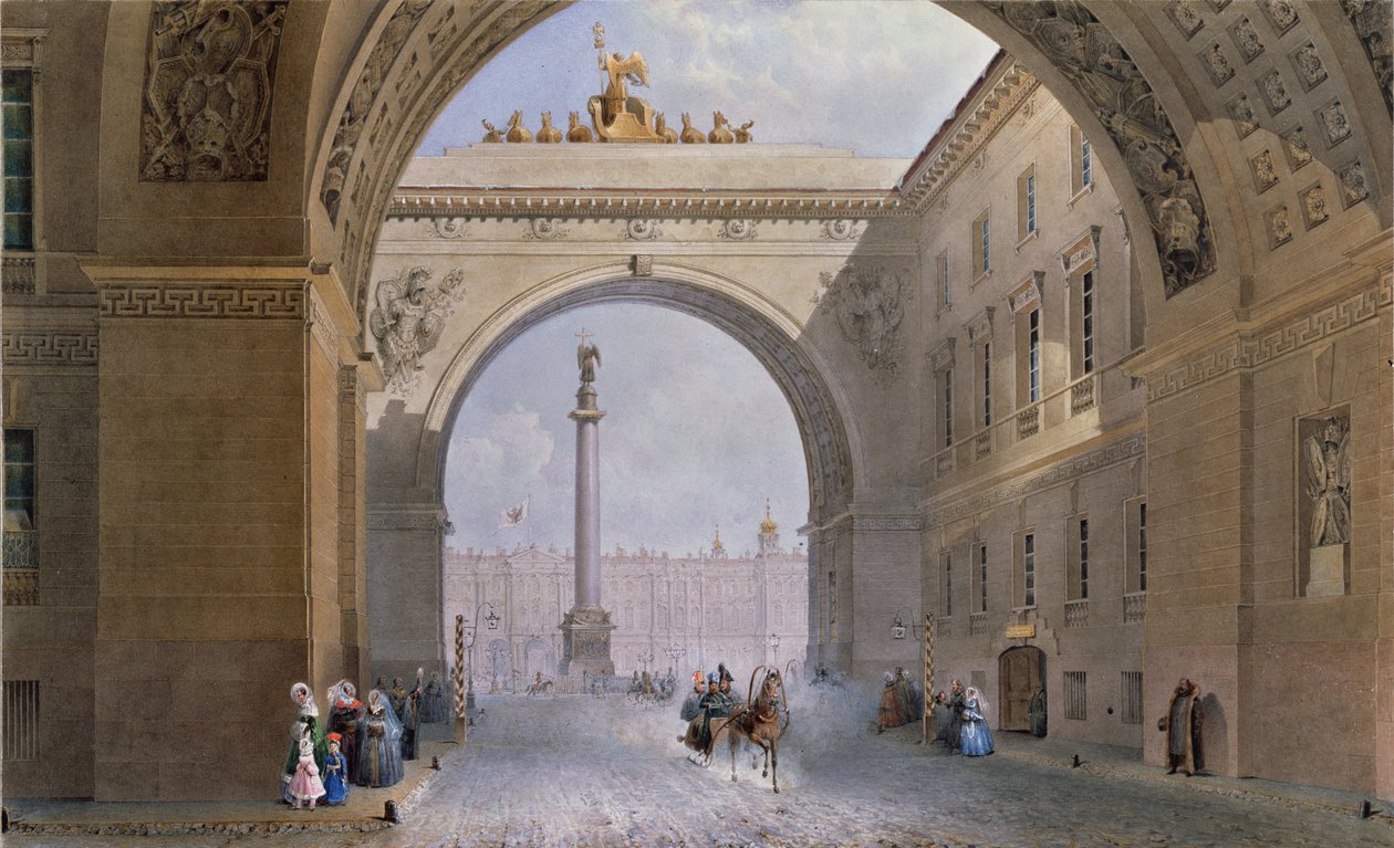 Buen til Generalstabsbygningen i Sankt Petersborg. Værk af Vasily Semyonovich Sadovnikov (1800-1879), akvarel på papir, ca. 1830. Russisk kunst fra det 19. århundrede. State Hermitage, Sankt Petersborg. af Vasili Semenovich Sadovnikov