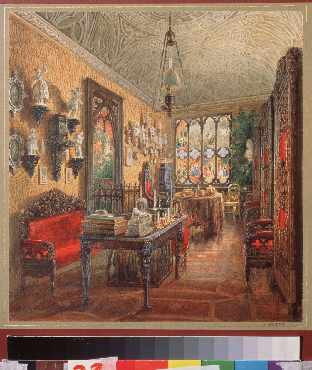 Kontoret i Yusupov Palace (Moika Palace) i Sankt Petersborg. Værk af Vasily Semyonovich Sadovnikov (1800-1879), akvarel på papir, russisk kunst af Vasili Semenovich Sadovnikov