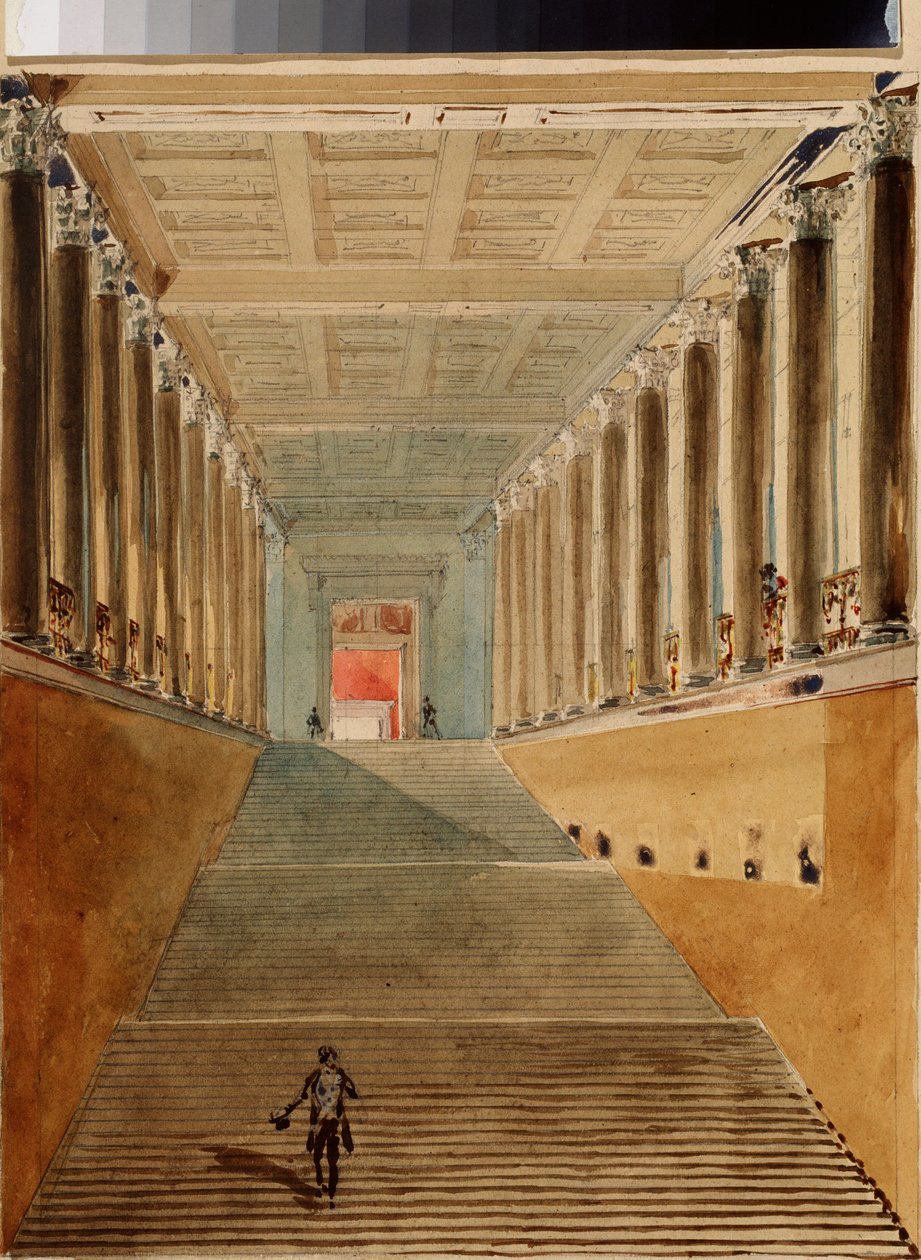 The Grand Staircase (eller Ambassador Staircase eller Jordan Staircase) i Vinterpaladset i Sankt Petersborg. Værk af Vasily Semyonovich Sadovnikov (1800-1879), akvarel på papir, ca. 1840. Russisk kunst fra det 19. århundrede. State A. Pushkin Museum of Fin af Vasili Semenovich Sadovnikov