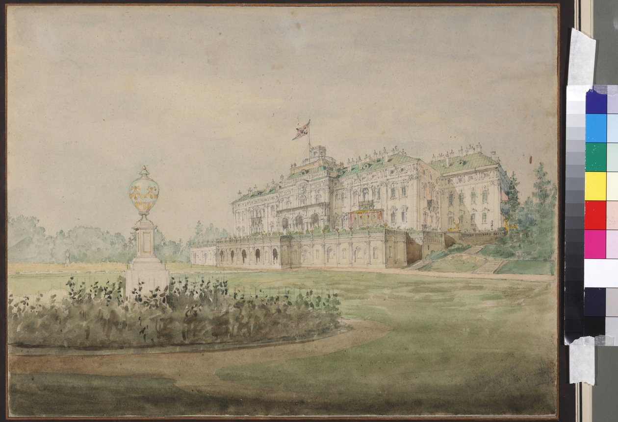 Le palais Constantin a Strelna, pres de Saint Petersbourg - Udsigt over Konstantinpaladset i Strelna nær Skt. Petersborg, af Sadovnikov, Vasily Semyonovich (1800-1879). Akvarel på papir af Vasili Semenovich Sadovnikov