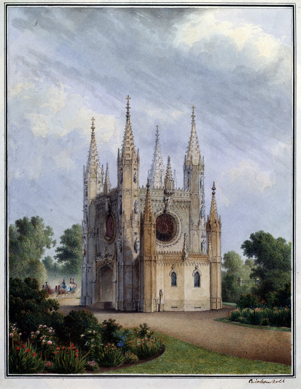 Den gotiske kirke Peterhof (Rusland). Værk af Vasily Semyonovich Sadovnikov (1800-1879), akvarel på papir, mellem 1830-1840. russisk kunst af Vasili Semenovich Sadovnikov