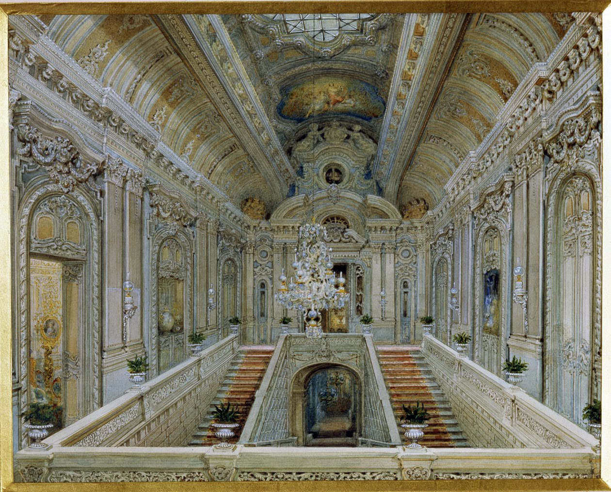 Hovedtrappen til Yusupov-paladset (Moika-paladset) i Sankt Petersborg. (Hovedtrappen i Yusupov-paladset i Skt. Petersborg). Værk af Vasily Semyonovich Sadovnikov (1800-1879), akvarel på papir. russisk kunst af Vasili Semenovich Sadovnikov