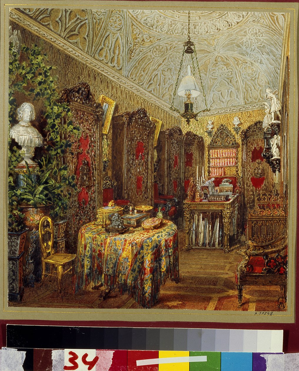 Studiet i Yusupov Palace (Moika Palace) i Sankt Petersborg. (Studie i Yusupov-paladset i Skt. Petersborg). Værk af Vasily Semyonovich Sadovnikov (1800-1879), akvarel på papir. russisk kunst af Vasili Semenovich Sadovnikov