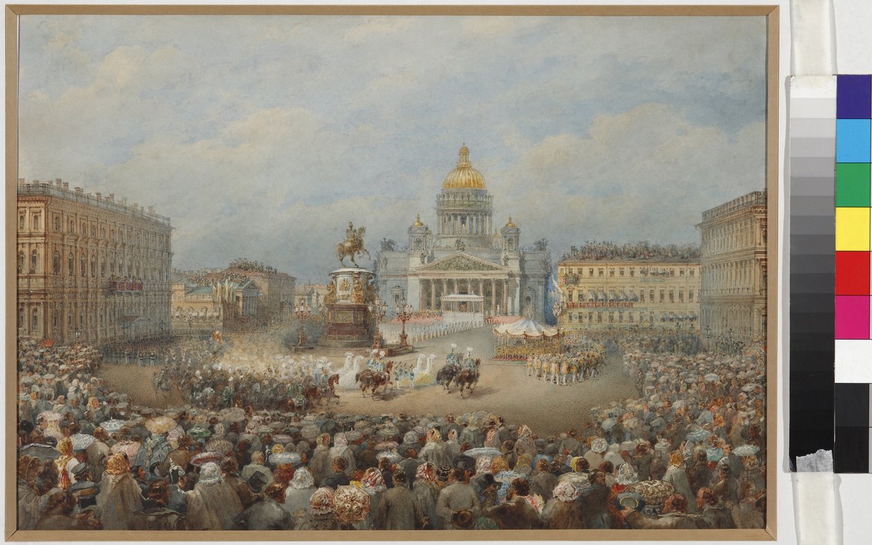Åbningsceremoni for monumentet til Nicholas I på Mariinsky-pladsen - Vasily Semyonovich Sadovnikov (1800-1879). Akvarel og hvid farve på papir af Vasili Semenovich Sadovnikov