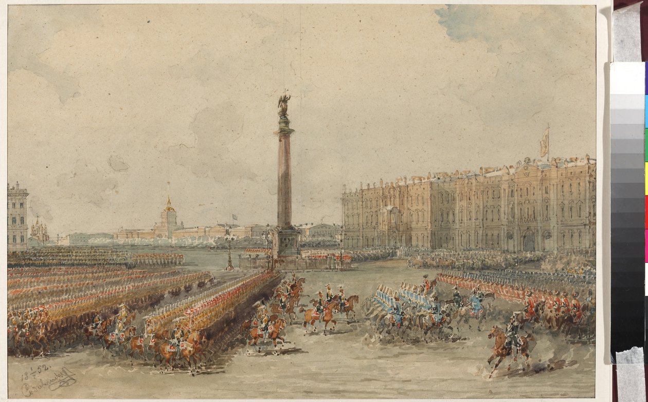 Parade af Life-Guards Horse Regiment på Palace Square - Vasily Semyonovich Sadovnikov (1800-1879). Akvarel og hvid farve på papir af Vasili Semenovich Sadovnikov