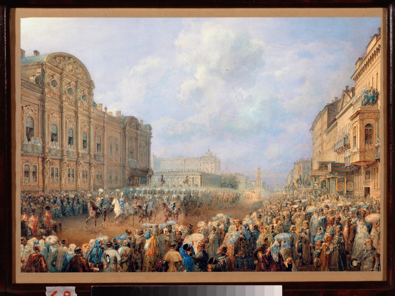 Parade på Neva Avenue (Nevsky Prospect) ved Beloselsky Palace Belozersky. (Sankt PETERSBOURG). Værk af Vasily Semyonovich Sadovnikov (1800-1879), akvarel på papir af Vasili Semenovich Sadovnikov