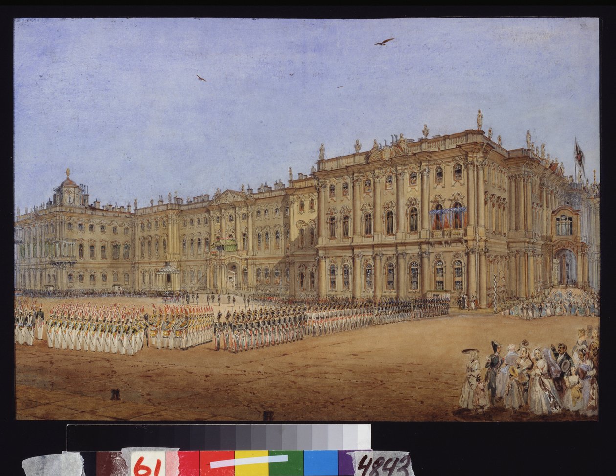 Militær anmeldelse på Vinterpaladset i Sankt Petersborg. Værk af Vasily Semyonovich Sadovnikov (1800-1879), akvarel på papir, ca. 1840. Russisk kunst af Vasili Semenovich Sadovnikov