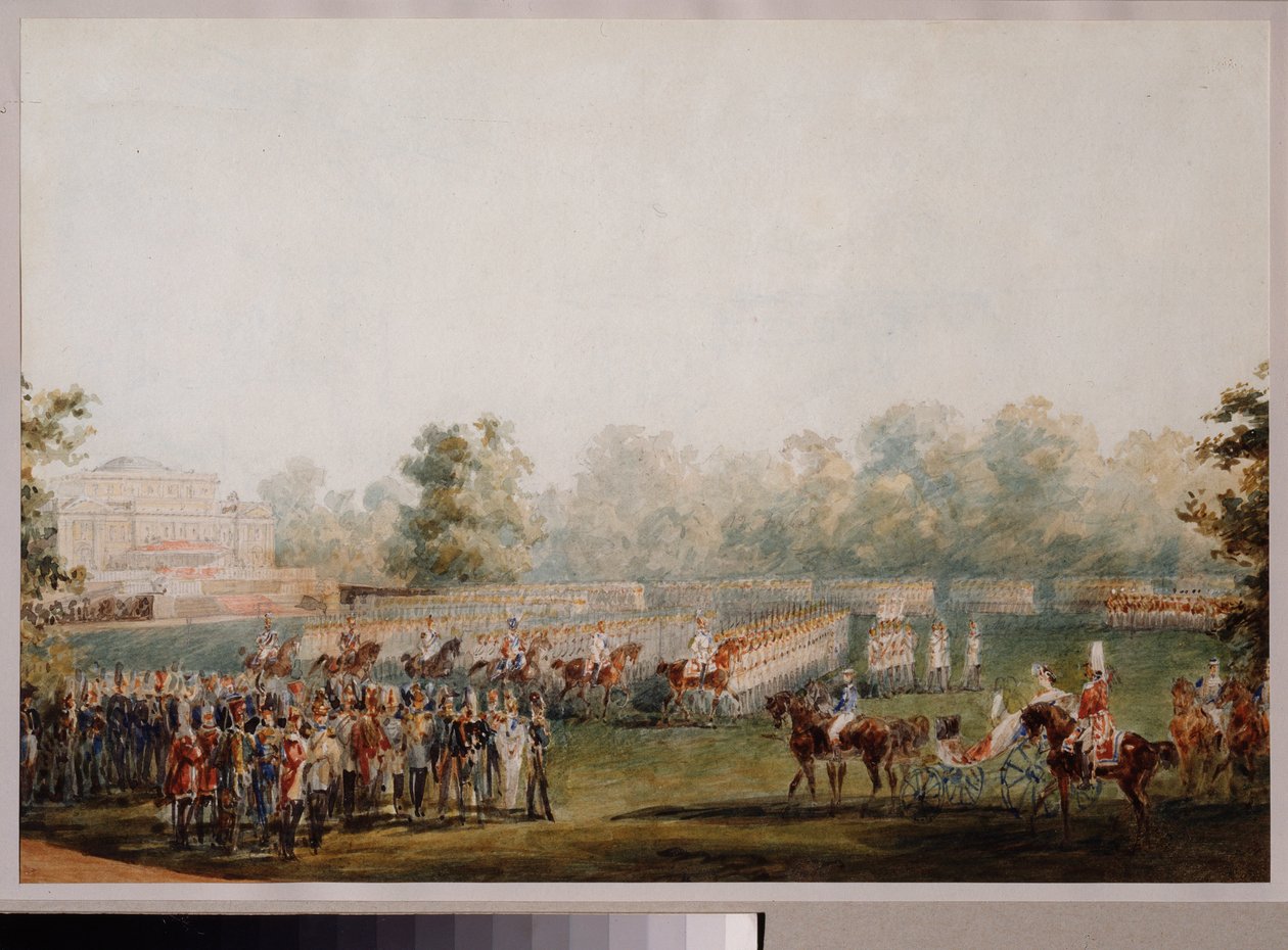 Militærparade på engen af ​​Elagins palads i Sankt Petersborg. (Kejsergardens parade). Værk af Vasily Semyonovich Sadovnikov (1800-1879), akvarel på papir af Vasili Semenovich Sadovnikov
