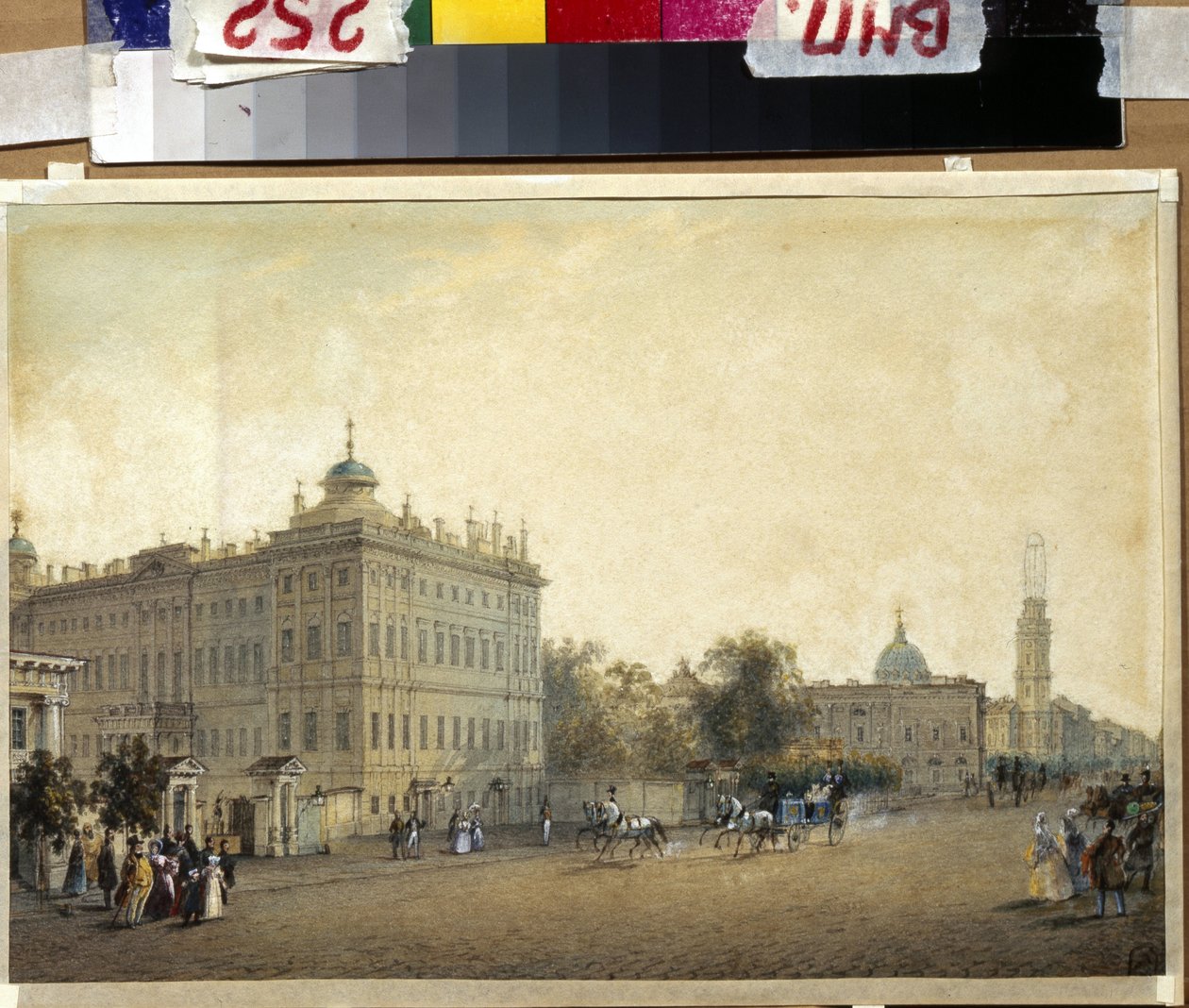 Sankt PETERSBOURG. Anichkov-paladset. (Sankt Petersborg. Anichkov-paladset). Værk af Vasily Semyonovich Sadovnikov (1800-1879), akvarel på papir, ca. 1830. Russisk kunst af Vasili Semenovich Sadovnikov