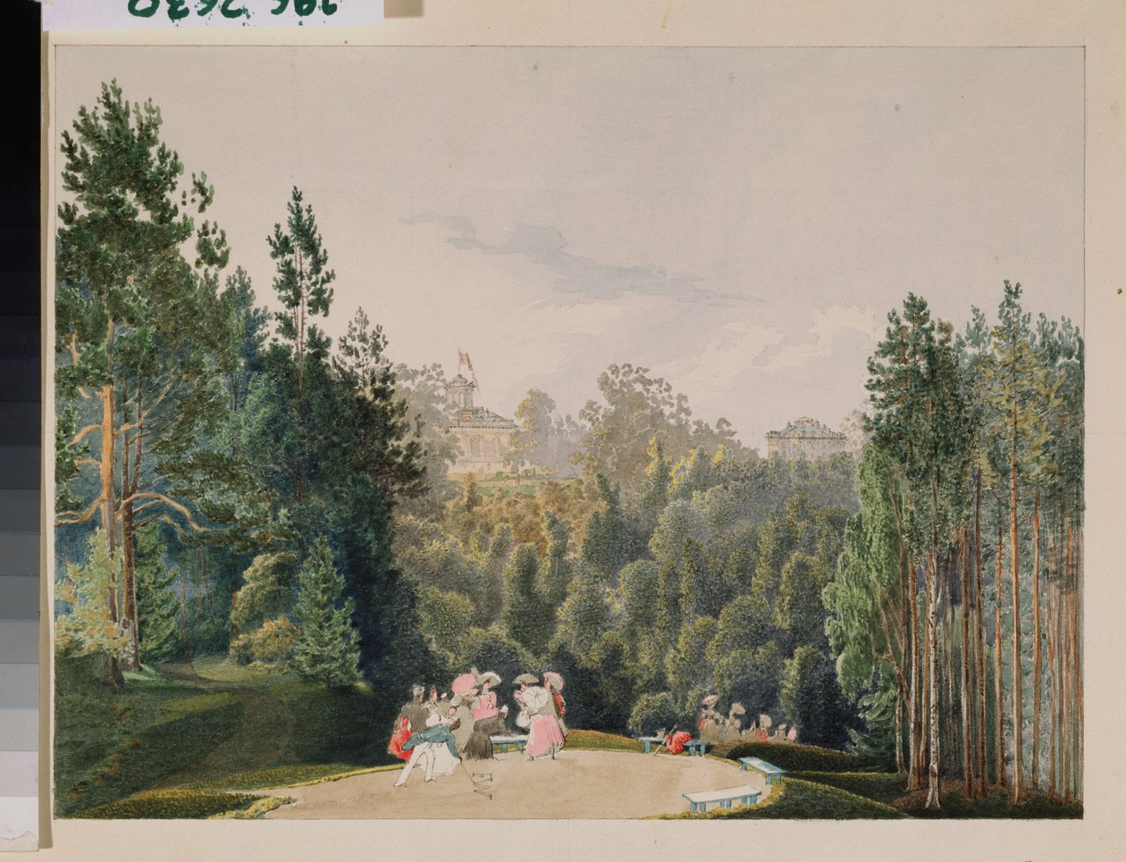 Scene i en park. Værk af Vasily Semyonovich Sadovnikov (1800-1879), akvarel på papir af Vasili Semenovich Sadovnikov