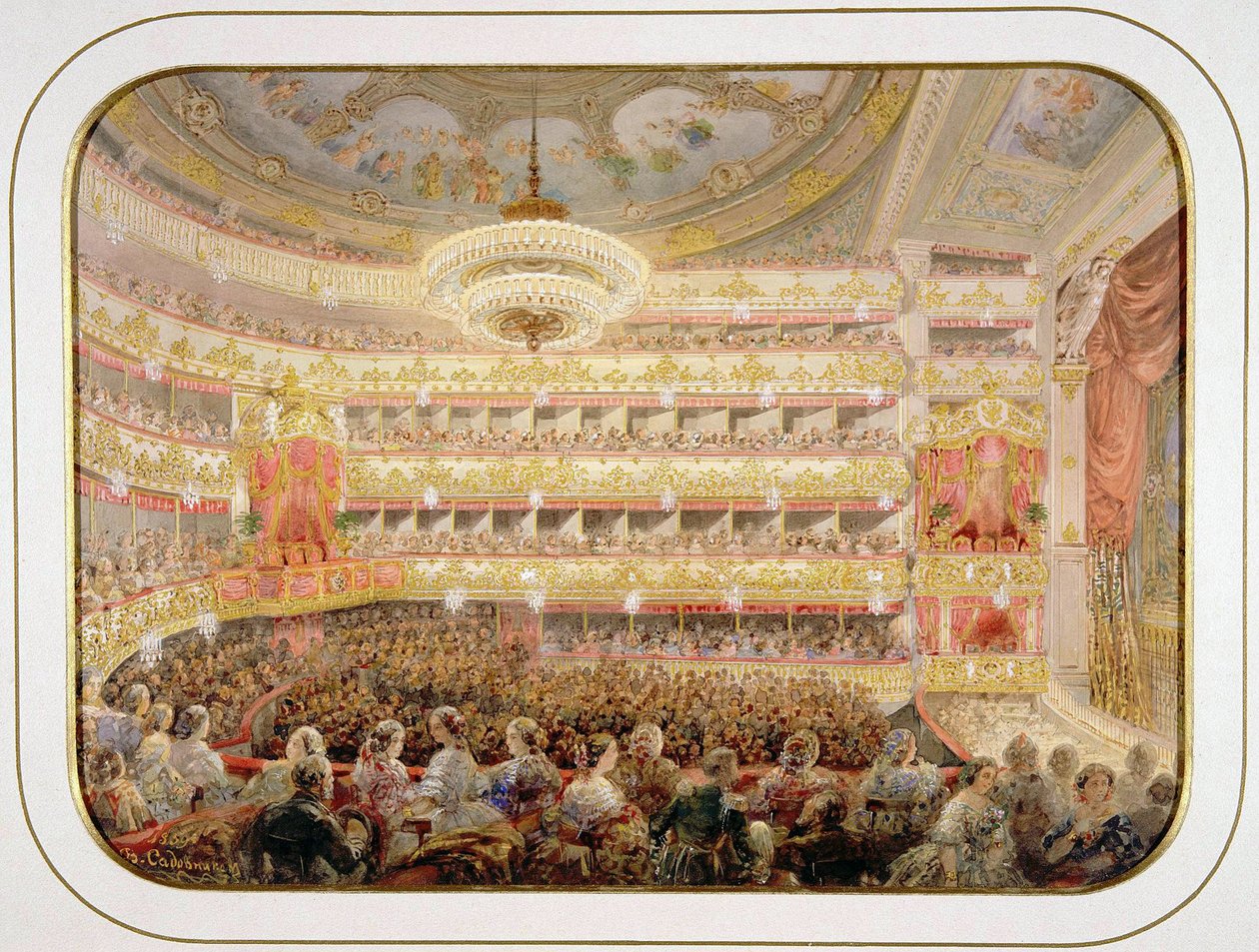 Auditoriet i Sankt Petersborgs kejserlige Bolshoi Kamenny-teater af Sadovnikov, Vasily Semyonovich (1800-1879). Akvarel, Gouache på papir, størrelse: 35x26 af Vasili Semenovich Sadovnikov