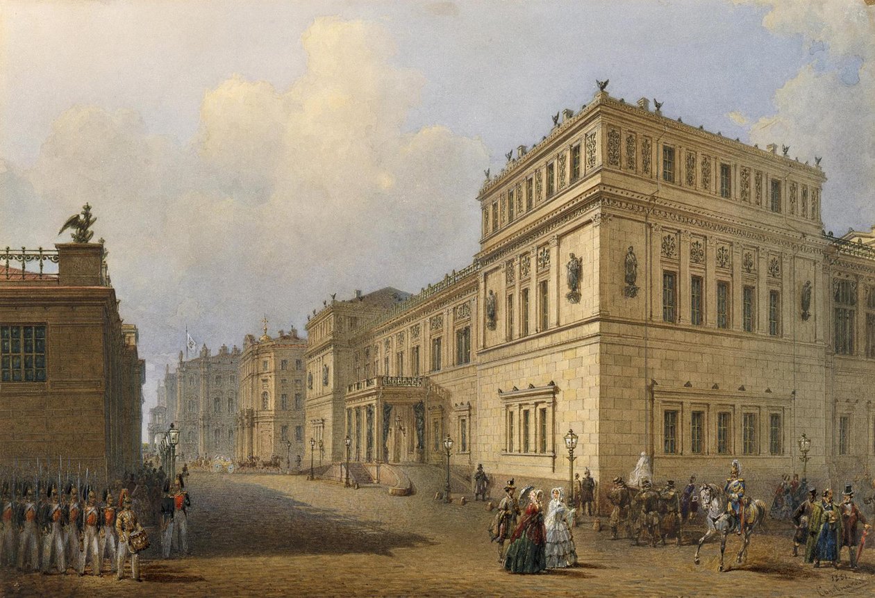 Udsigt over den nye eremitage gennem Millionnaya Street, 1851 af Vasili Semenovich Sadovnikov