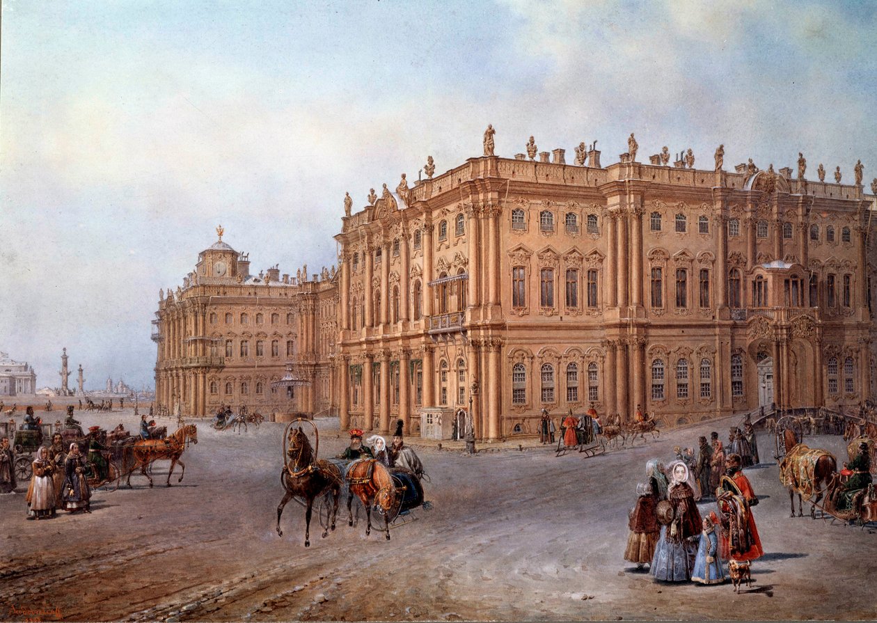 Udsigt over vinterpaladset i Sankt Petersborg i 1843 Litografi af Vasily Sodovnikof (eller Sadovnikov af Vasili Semenovich Sadovnikov