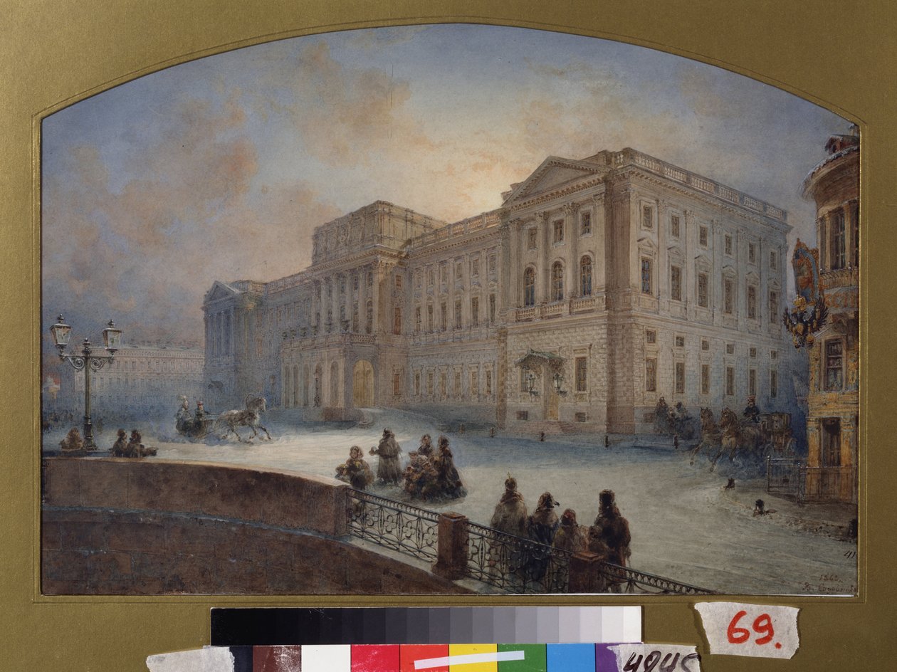 Udsigt over Marlinsky Palace om vinteren (Sankt Petersborg). Værk af Vasily Semyonovich Sadovnikov (1800-1879), akvarel på papir af Vasili Semenovich Sadovnikov