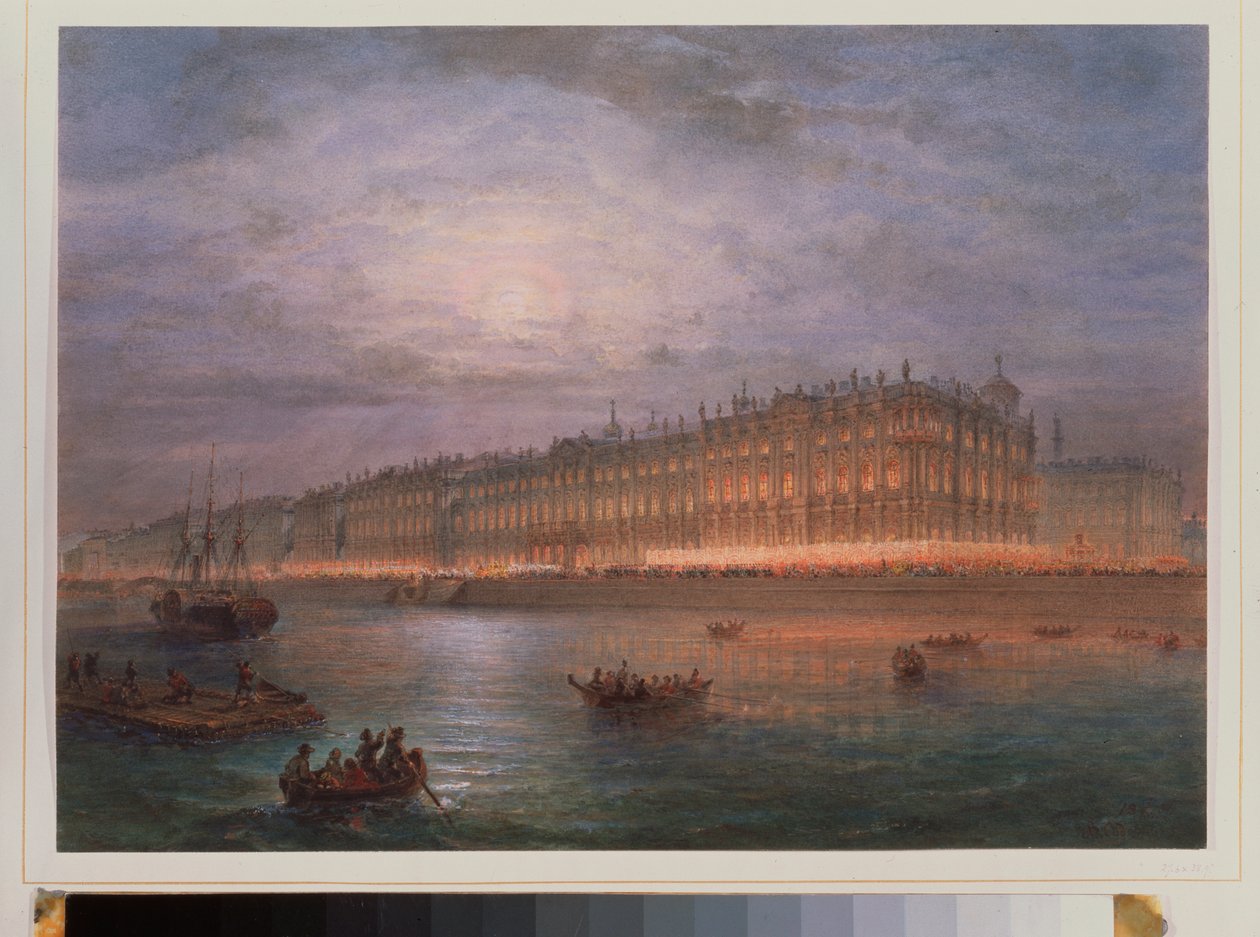 Udsigt over Vinterpaladset om natten (Sankt Petersborg). Værk af Vasily Semyonovich Sadovnikov (1800-1879), akvarel på papir. 1800-tallet russisk kunst. State Hermitage, Sankt Petersborg. af Vasili Semenovich Sadovnikov