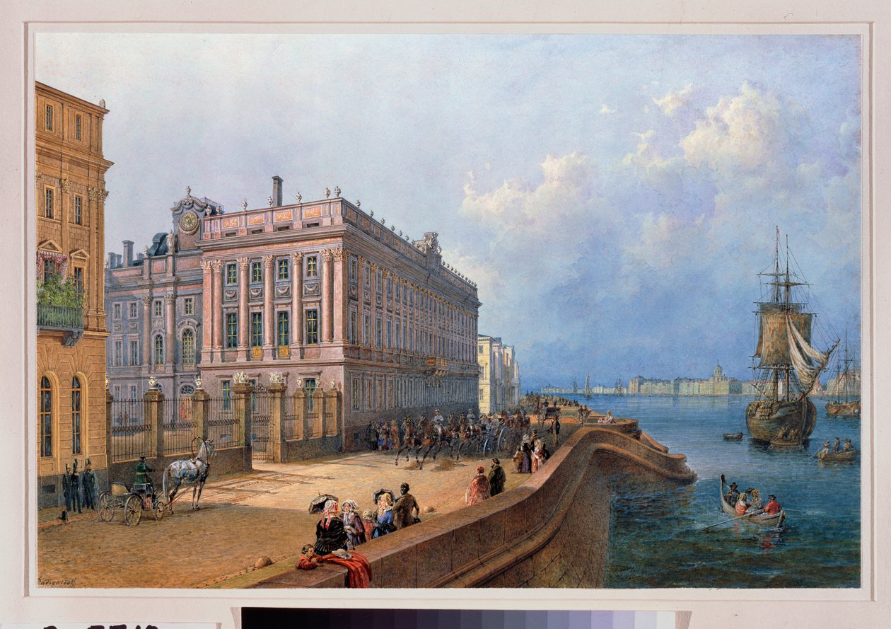 Udsigt over dæmningen af ​​Neva og Marmorpaladset i Sankt Petersborg. Værk af Vasily Semyonovich Sadovnikov (1800-1879), akvarel på papir af Vasili Semenovich Sadovnikov
