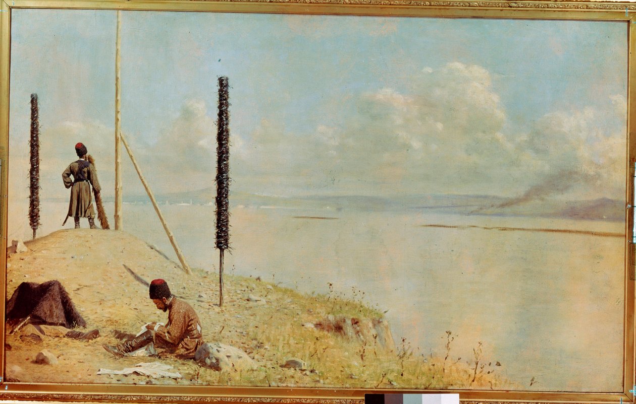 ""Vagten ved Donau, Ukraine"" Kosakvagt på Donaudeltaet - (Picket on the Donau) Maleri af Vasili Vasilyevich Vereshchagin (Vassili Vereshchagin) (1842-1904) Olie på lærred 1878-1879 Russisk Dim 120x2000 museum Kunst, Kiev af Vasili Vasilievich Vereshchagin