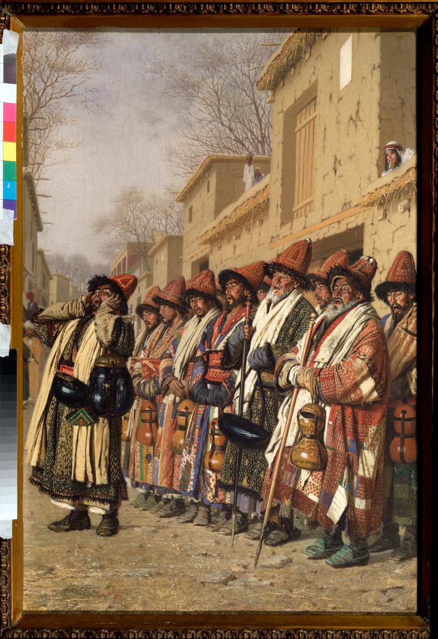 The Chorus of Dervishes Begging Alms in Tashkent (Usbekistan) (Dervishes Chorus Begging Alms in Tashkent) - Maleri af Vasili Vasilyevich Vereshchagin (Vassili Vereshchagin) (1842-1904), olie på lærred af Vasili Vasilievich Vereshchagin
