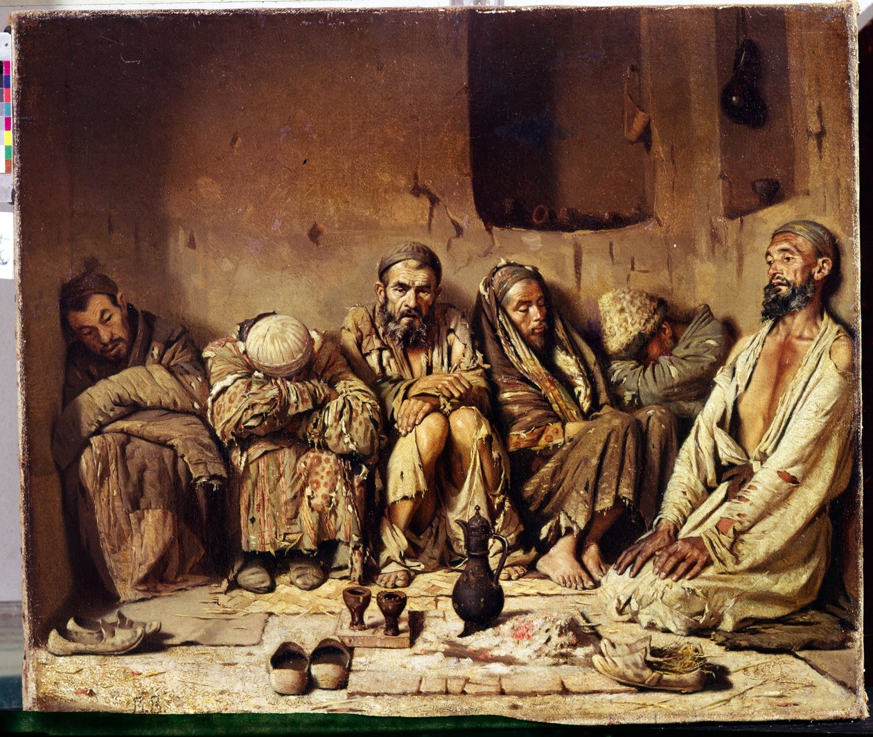 Orientalisme: opiumsrygere, der sidder på en gade i Mellemøsten (Opiumsrygerne). Maleri af Vasili Vasilyevich Vereschagin (Vereshchagin, Vereshchagin) (1842-1904) af Vasili Vasilievich Vereshchagin