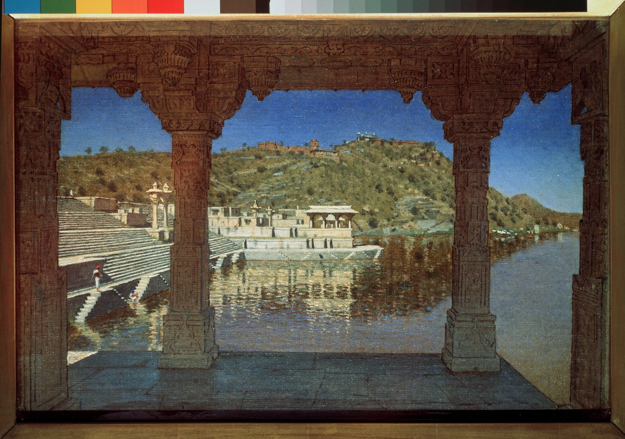 Rajasthan (Indien), sur le lac a Udaipur (Rajasthan, ved søen i Udaipur) - Maleri af Vasili Vasilyevich Vereshchagin (Vassili Vereshchagin) (1842-1904), olie på lærred af Vasili Vasilievich Vereshchagin