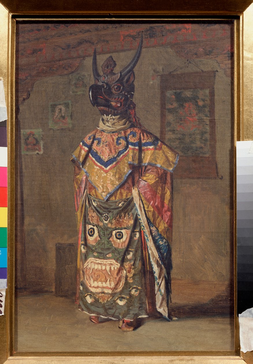 En Lama ved en buddhistisk fest i Rumtek-klosteret i Sikkim (Indien) (Lama ved en buddhistisk fest i Rumtek-klosteret i Sikkim) - Maleri af Vasili Vasilyevich Vereshchagin (Vassili Vereshchagin) (1842-1904), olie på lærred af Vasili Vasilievich Vereshchagin