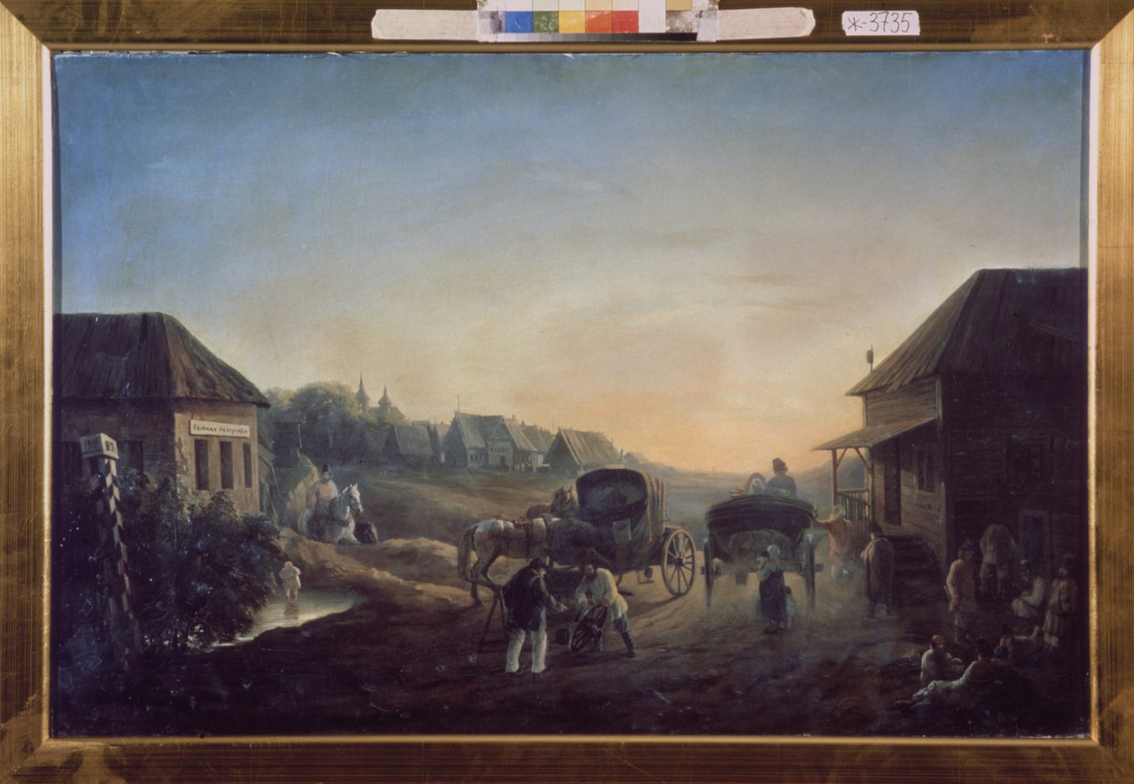 Diligence station. Maleri af Vasili Vasilyevich Samoylov (1813-1887), olie på lærred af Vasili Vasilyevich Samoylov