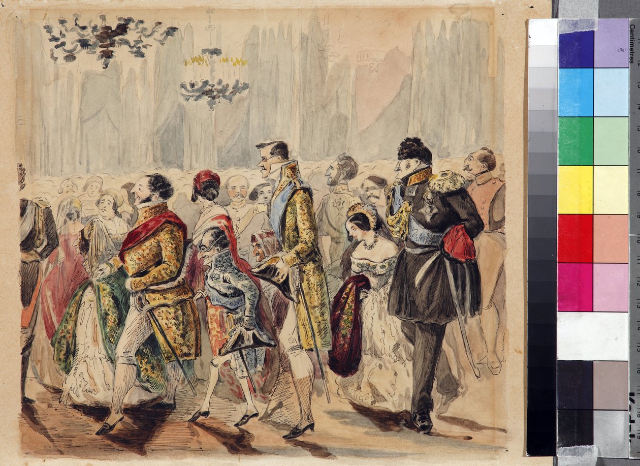 High Society Ball af Baranov, Vasili Venediktovich (1792-1836), Første kvartal af 1800-tallet. - Akvarel på papir - State Lermontov Museum Tarkhany af Vasili Venediktovich Baranov