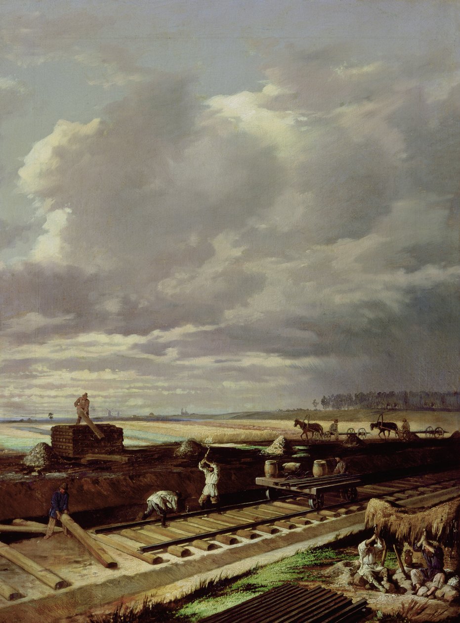 Bygningsarbejde på en jernbanelinje, 1871 af Vasili Vladimirovits Pukirev