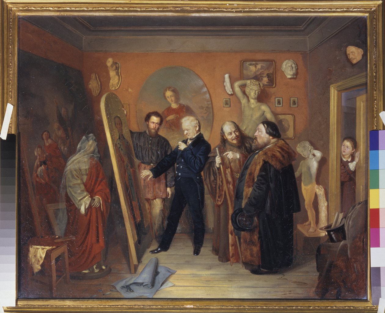 Malerens atelier. En maler viser et af sine malerier til kunsthandlere. Et barn observerer scenen. Maleri af Vasily Vladimirovich Pukirev (Vassily Pukirev) (1832-1890), olie på lærred af Vasili Vladimirovits Pukirev